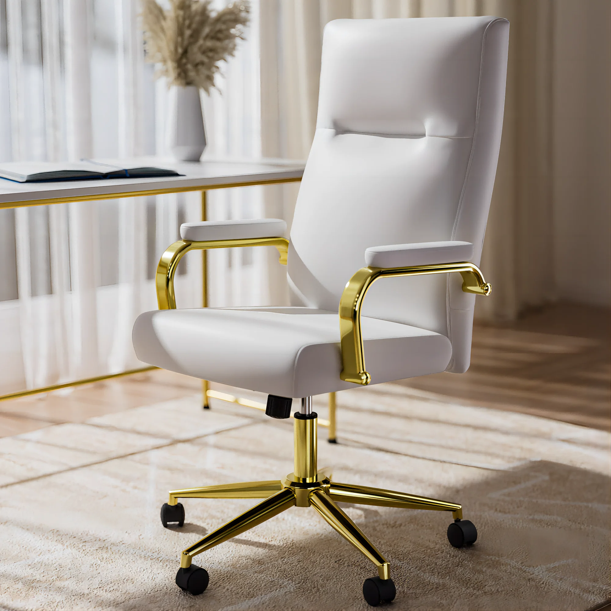 Executive Office Chair for Women and Adults White Leather High Back with Gold Arms and Wheels Excellent Back Support