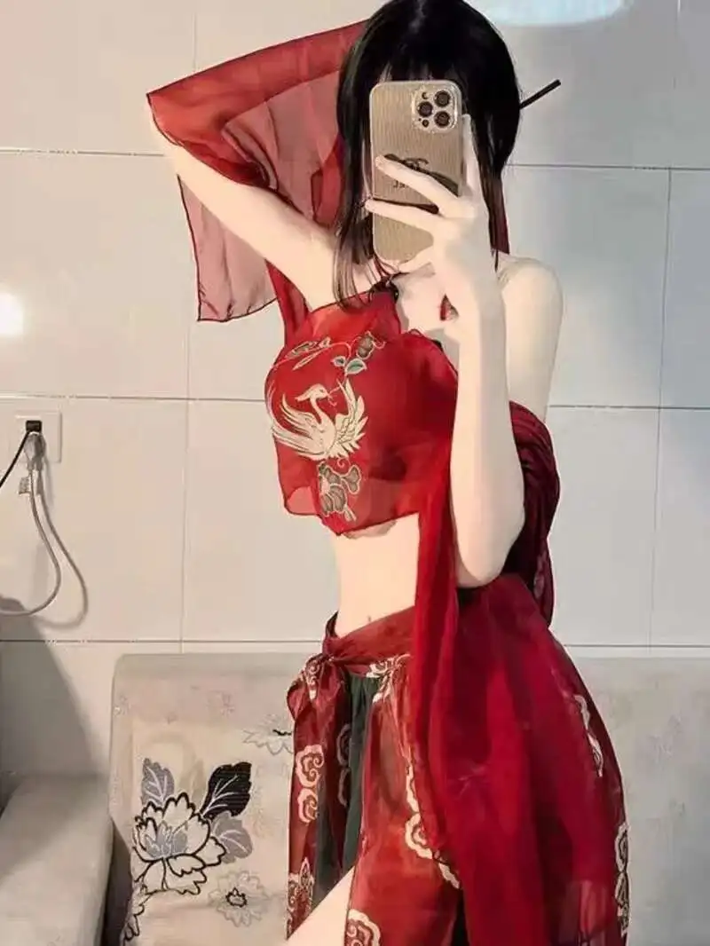 نمط جديد الملابس الداخلية المثيرة مع الشيفون الأحمر المطبوعة العتيقة نمط حزام البطن مجموعة الرغبة النقية Hanfu ملابس خاصة السرير الامتناع عن ممارسة الجنس 19N4 #6