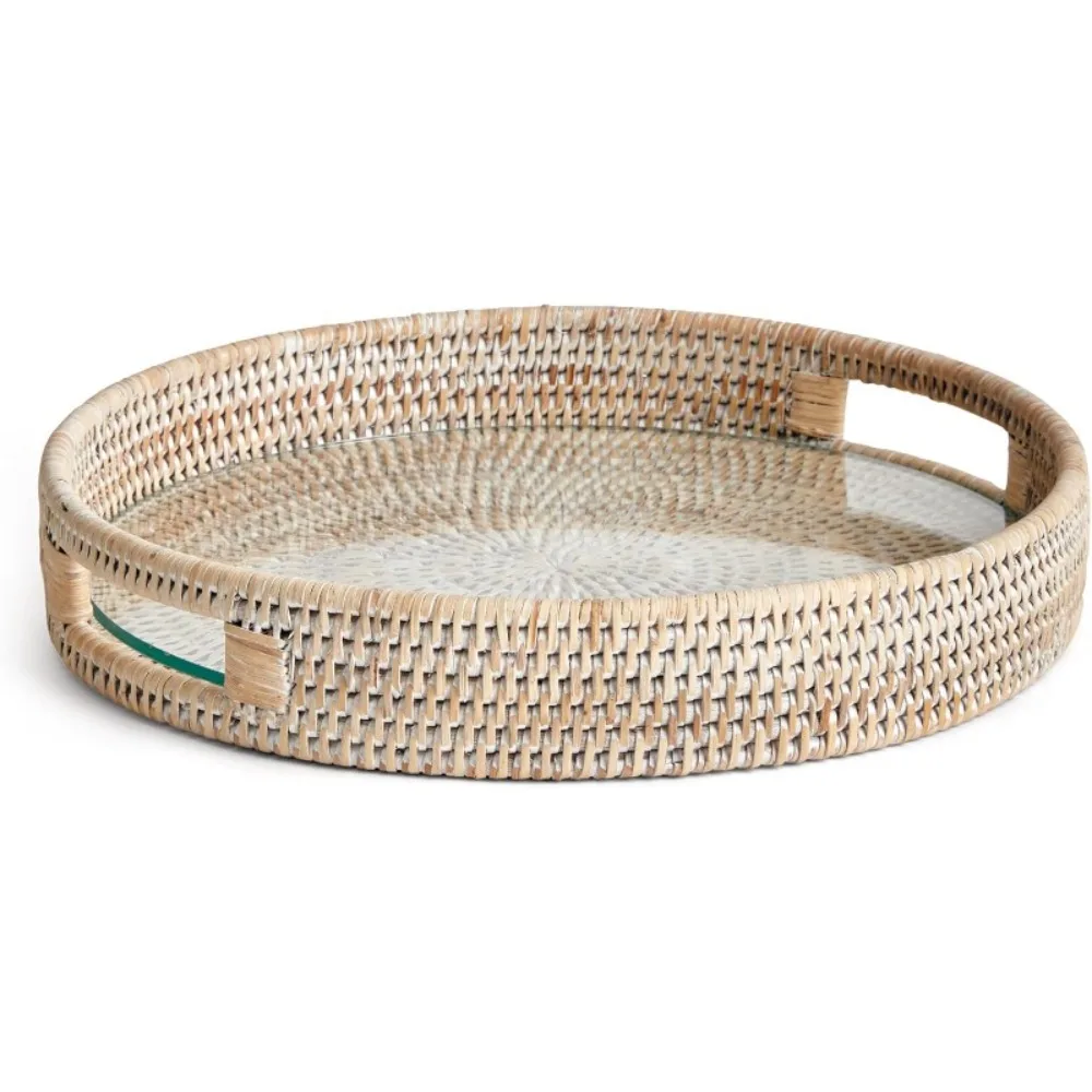

12.75" Burma Rattan Whitewash Round Serving Tray Bread Basket Fruit Baskets Wicker Storage Bowls Natural Woven Kitchen Counter