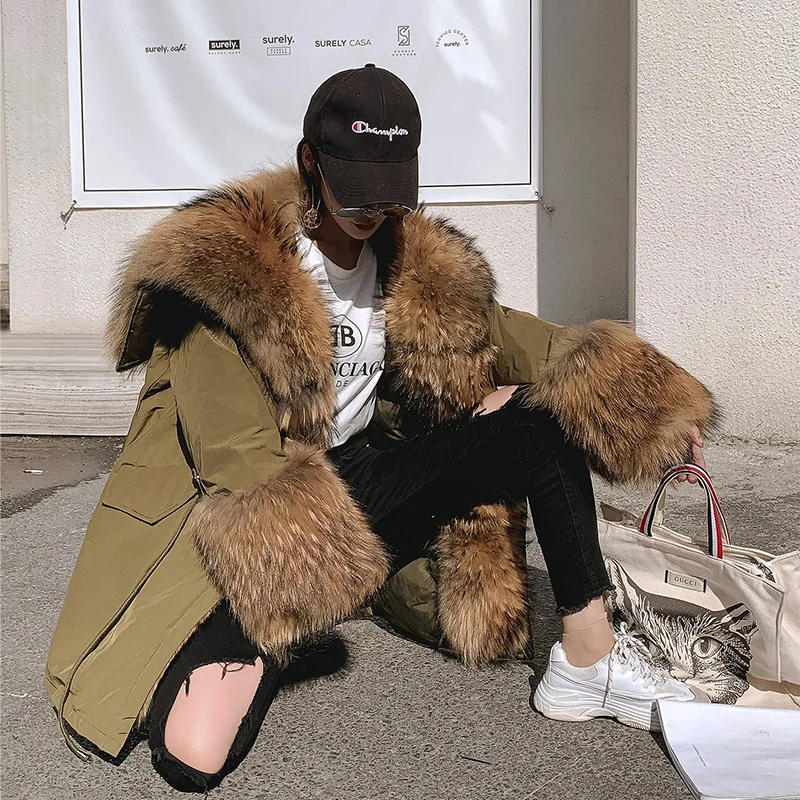 Winter Jacket Women Long Parka Real Fox Fur Coat Natural Raccoon Fur Collar heavy coat Thick Warm Streetwear Parkas  down liner