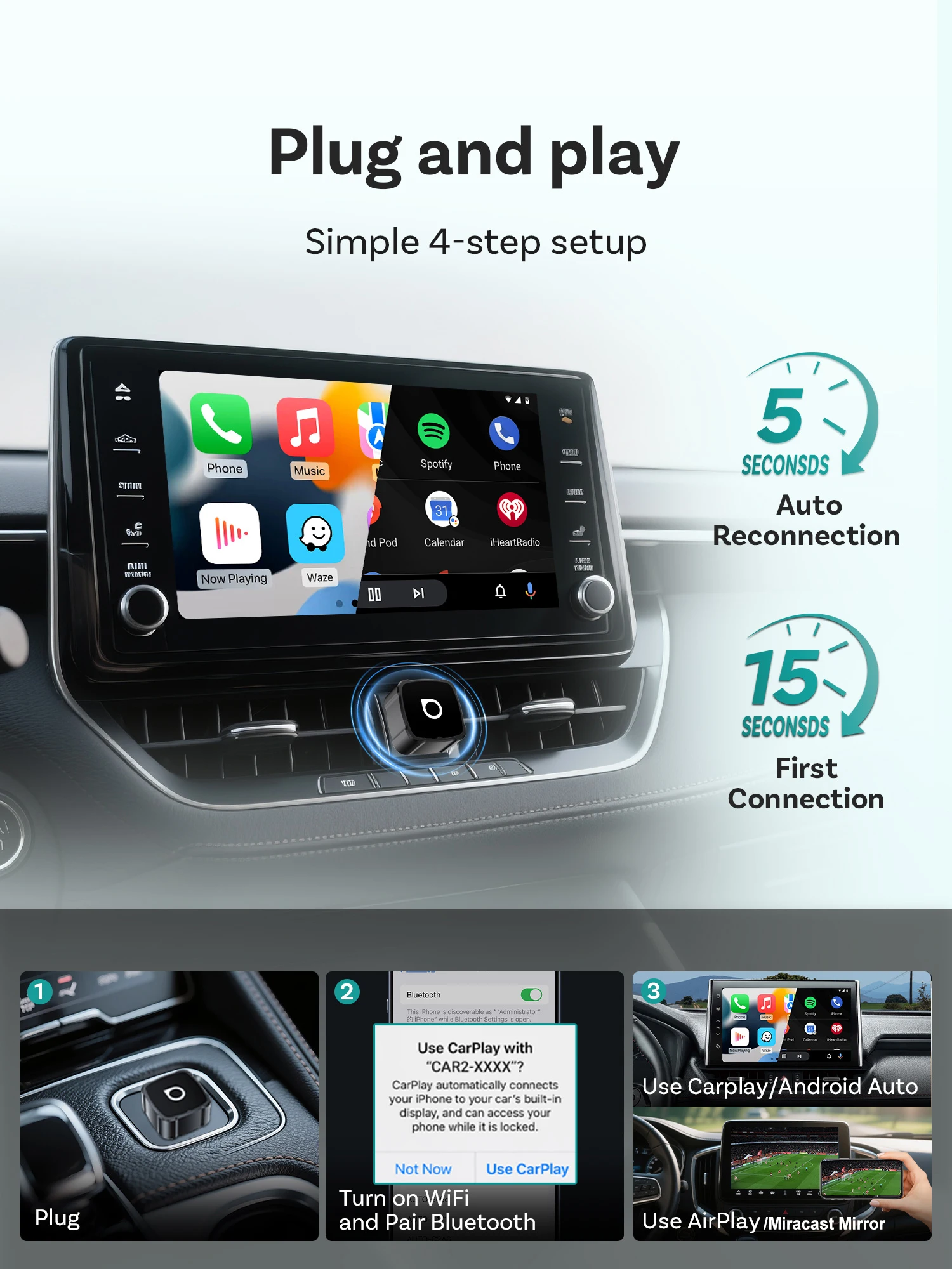 Ottocast 4-in-1 Mini Air Pro Kabelloser CarPlay Android Auto Adapter Video-Mirroring YouTube-Spiegel-Dongle für Airplay Miracast – Detail 2