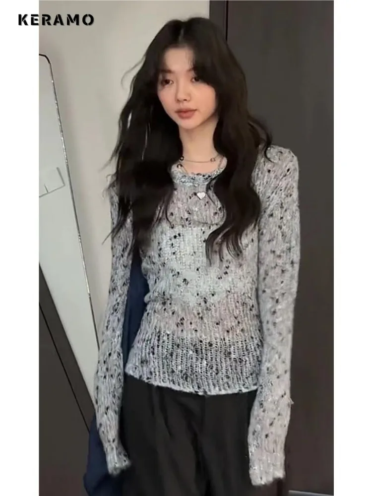 

Hotsweet Casual Round Neck Long Sleeve Gyaru Slim Fit Pullovers Women Coquette Hollow Out Sheath Ladies Sexy KnittedSweater