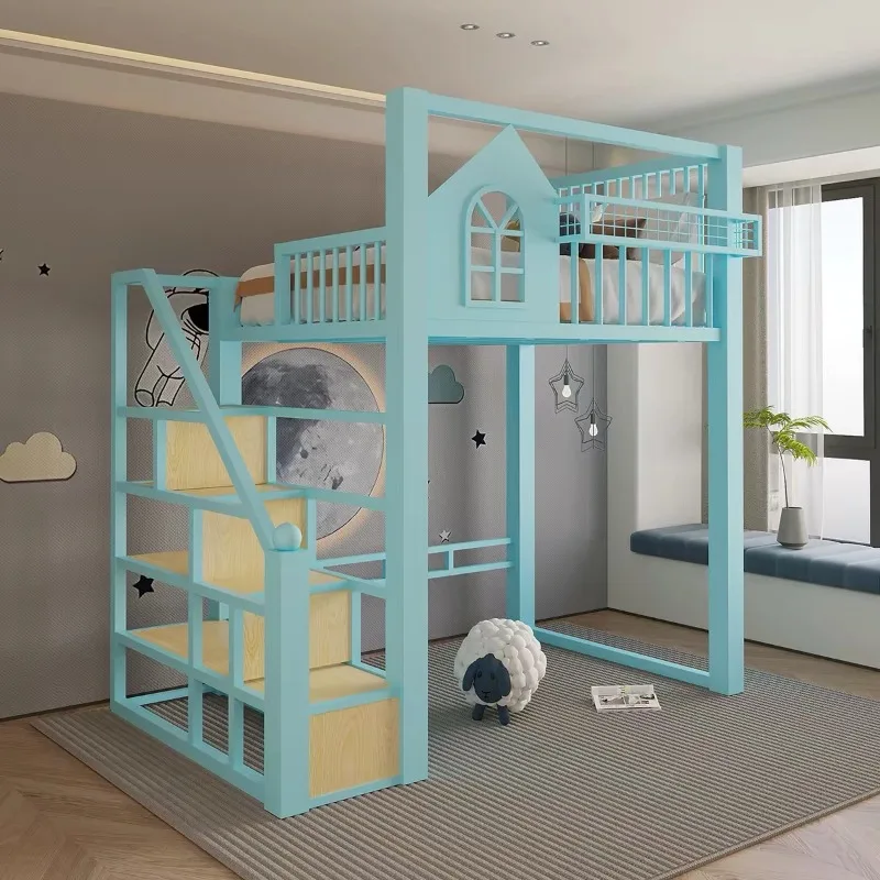 Wrought iron single upper level elevated household loft with ladder cabinet simple wrought iron bed on the bed and off