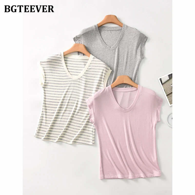 BGTEEVER Summer Silk and Wool Short-sleeved T-shirt for Women, Oval Face Base Layer, Slim Fit, Simple Top
