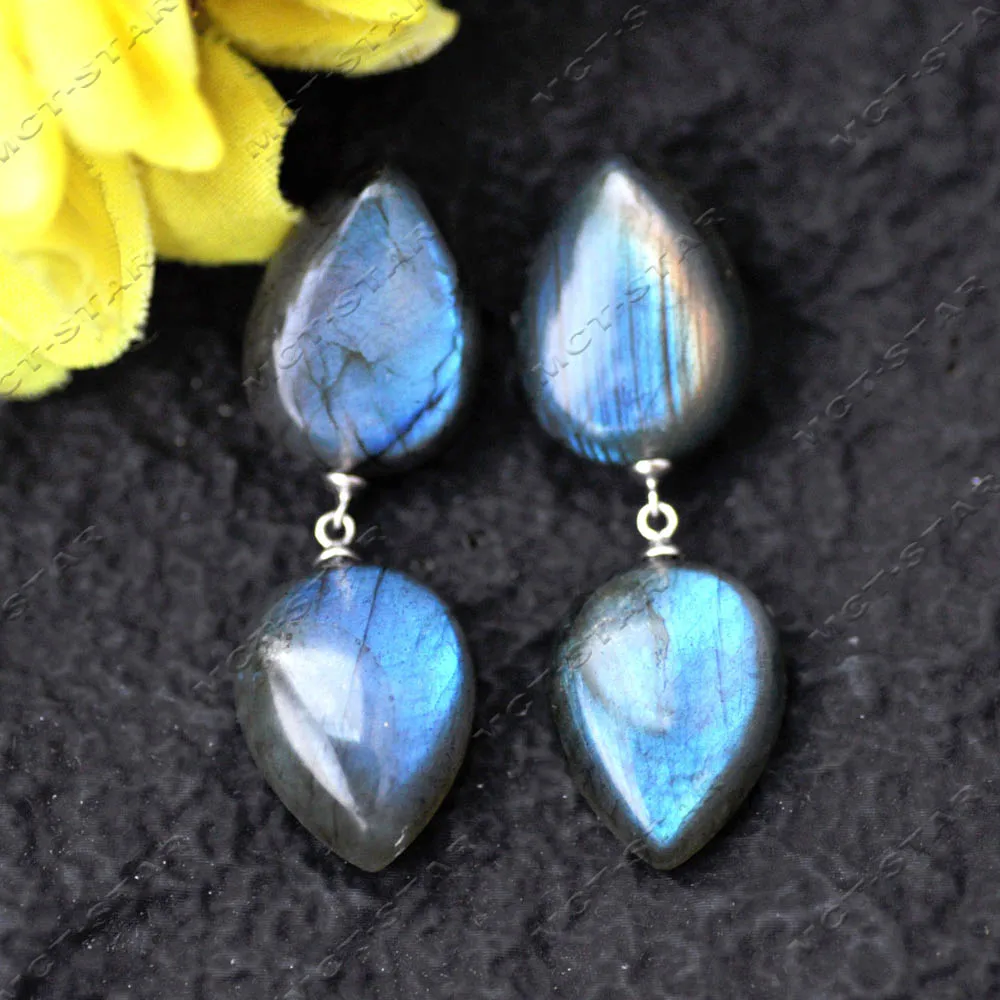 MTC·STAR Blue Luster Gray-Moonstone Labradorite Dangle Earring 100% Natural Gemstone 20mm Drop Coin Earring Z14285 Earrings