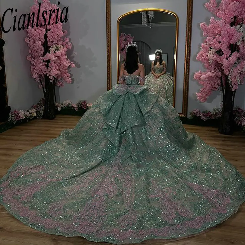 Mint Green Shiny Crystal Off The Shoulder Quinceanera Dresses Ball Gown Appliques Lace Bow Customized Corset Vestidos De XV Anos