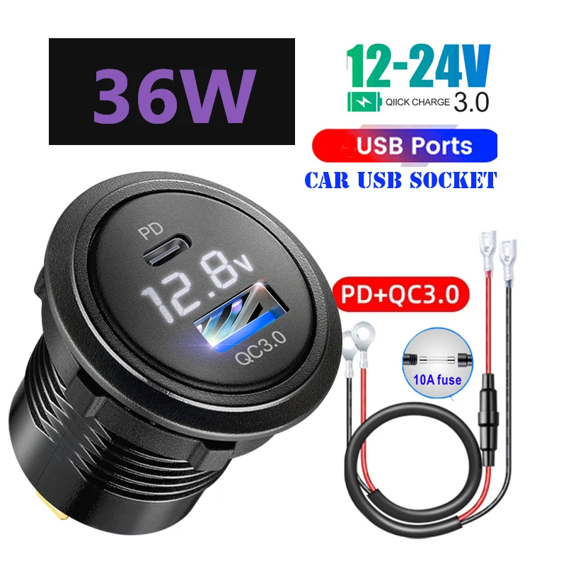 

12v voltmeter usb Car Charger Port Socket USB A Car Fast Charging Charger Power Outlet for Motorbike Yacht Motorcycle boat marin