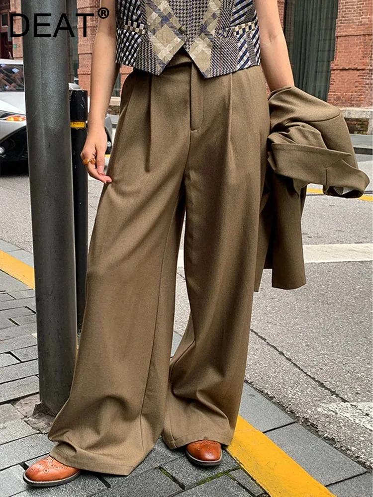 

DEAT Fashion Women's Pants High Waist Pockets Folds Loose Full-length Wave Decorate Wide Leg Trouser Autumn 2024 New 7AB4748