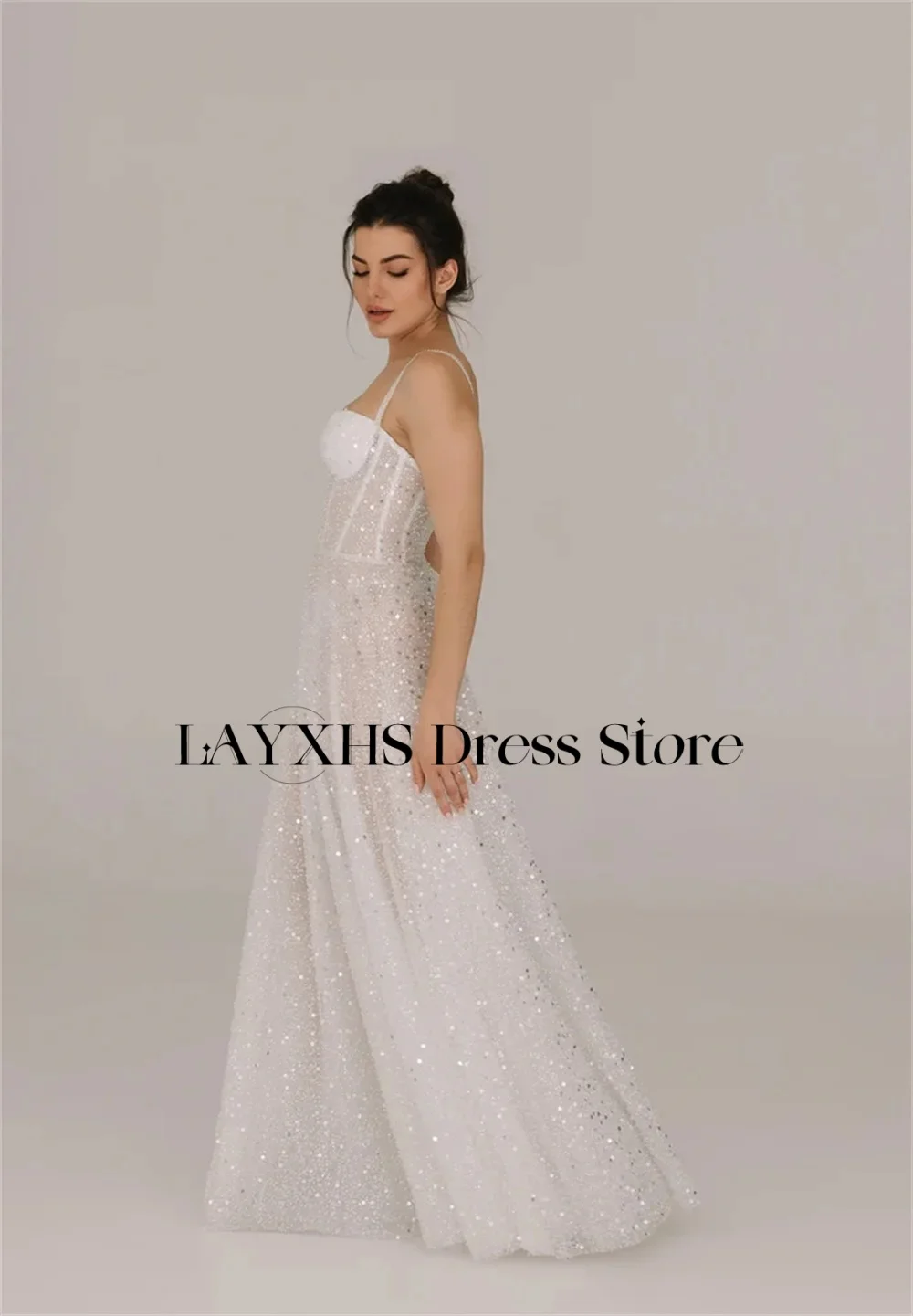 LAYXHS Moda Spalline Abiti da sera Paillettes Pizzo A-Line Piega Abiti da ballo Abiti personalizzati de soirée