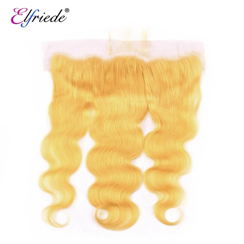 Elfriede#Żółte pasma włosów wstępnie farbowanych typu Body Wave z przednimi brazylijskimi splatanami ludzkich włosów 3 zestawy z koronką z przodu 13x4