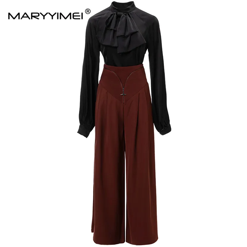 

MARYYIMEI New Fashion Runway Designer Women's Standing Collar Lace Up Long Sleeved Black Top+Loose Pants 2-Piece Set