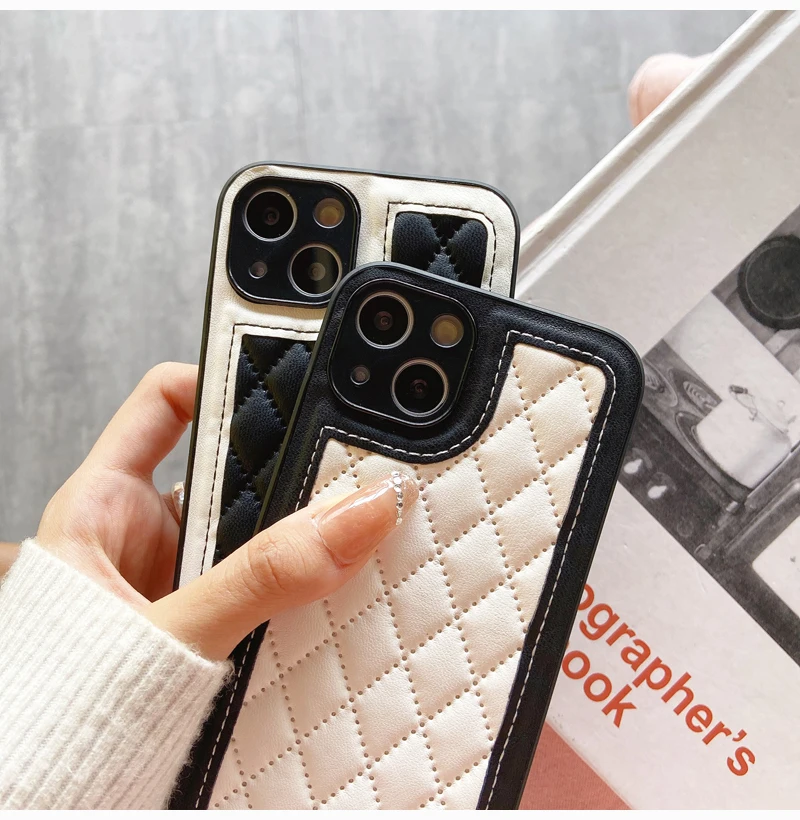 Black and White Leather Protective Phone Case, Fashionable Rhombic Grid Pattern, iPhone 16,15, 14 Plus,13, 12,11 Pro Max, Luxury