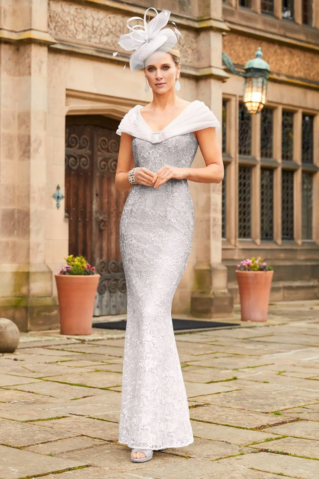 mermaid Silver gorgeous beautiful cap sleeves Full Length Lace appliques Wide layered Neckline Mother of the Bride Dresses