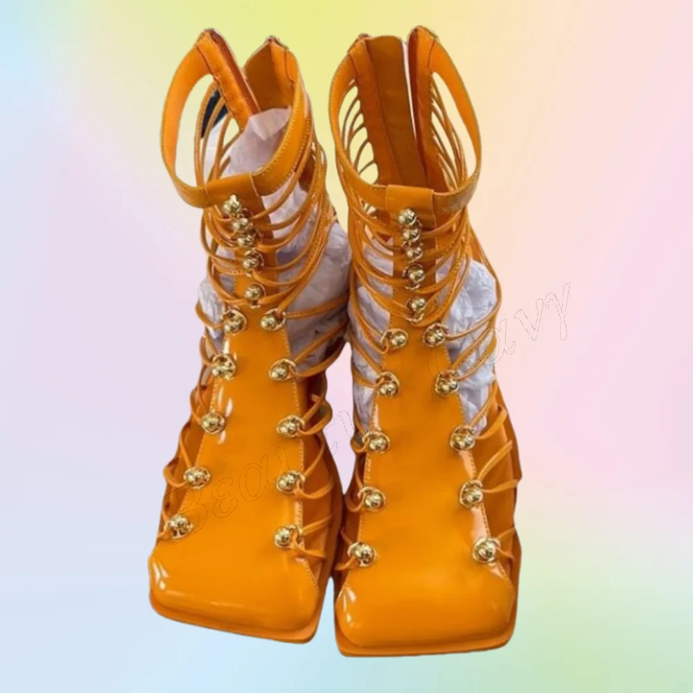 

Orange Square Toe Front Cross Tied Pumps Sandals Zipper Heels Flat Heel High Shoes for Women Wedding Shoes 2025 Zapatillas Mujer