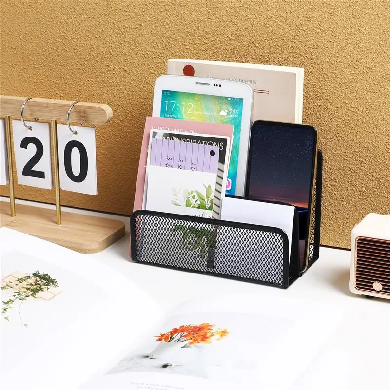 Three-Layer Iron Mesh Bookshelf Storage Rack File Holder Upright File Organizer Desk Organizer File Sorter Desktop Letter