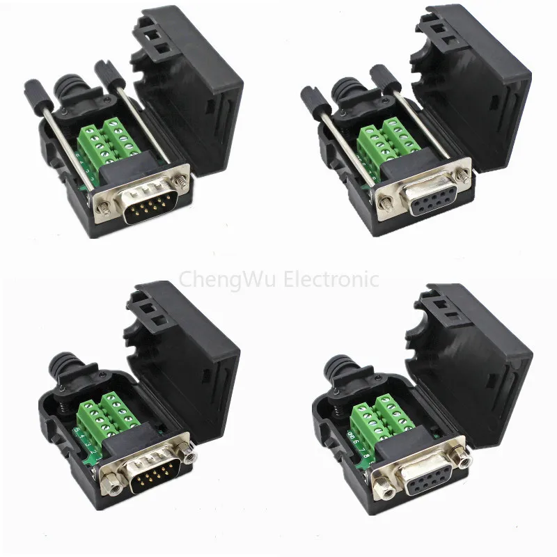 Two Row DB9-pin Solderless Connector RS232/485 Adapter Board 9P Serial Port COM Port 21/24 AWG Wire Solderless Male Female Plugs