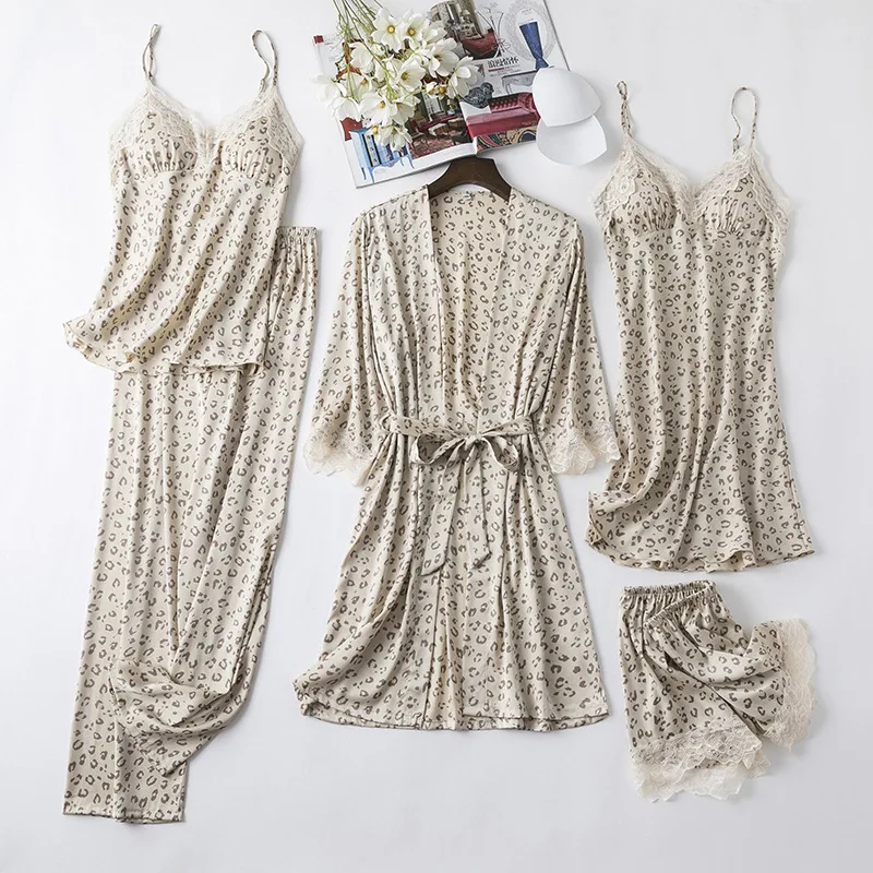 Women's Pajamas Five-piece Set Leopard Print Sexy Lace Edge Underwear Nightgown Home Clothes Kimono Satin Nightwear