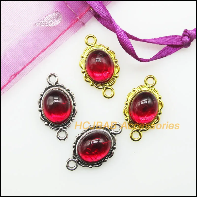 15 New Oval Charms Red Clouds Glaze Pendants Tibetan Silver Plated & Gold Color Connectors 12x21mm