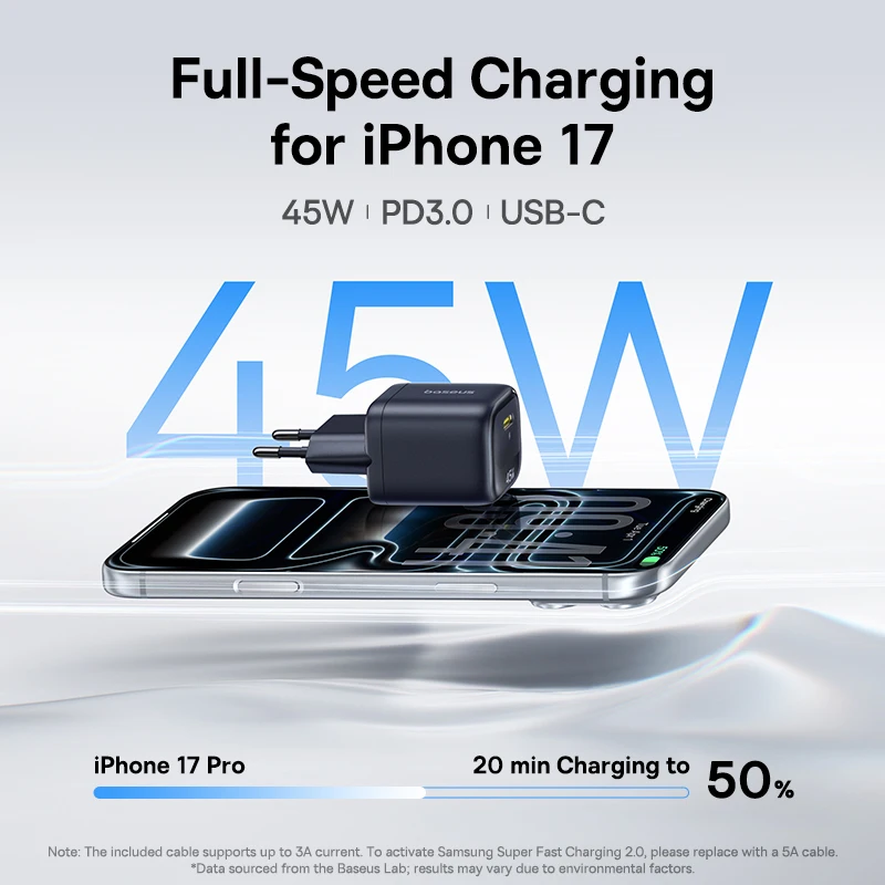 Baseus 45W GaN Charger Phone Charger For iPhone 17 16 15 14 13 Pro Max USB C Charger Support PD QC PPS Fast Charging For Laptop