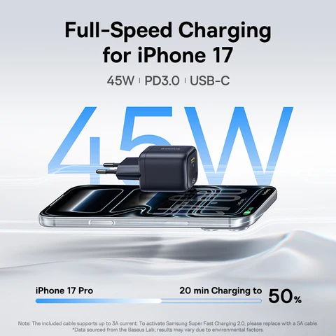 Зарядное устройство Baseus 45W GaN для iPhone 17 16 15 Pro Max, Samsung Galaxy, быстрое зарядное устройство для телефона, портативное зарядное устройство USB-C, зарядное устройство PD