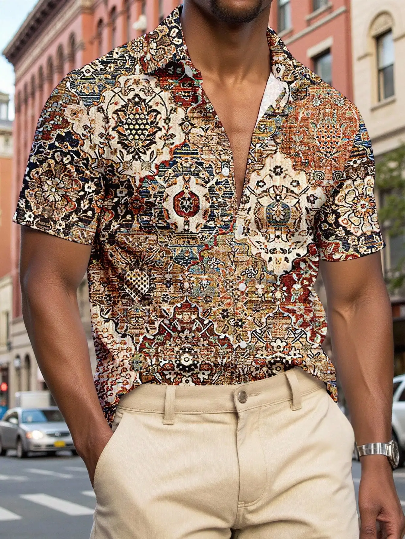 

Men's Short Sleeve Casual Shirt with Intricate Carpet-Inspired Pattern, Regular Fit