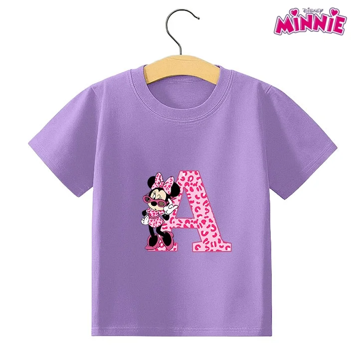 

Summer Minnie Mouse Girls Letter T-shirts Kawaii Disney Cartoon Printed Tops Cute Children Short Sleeves T-shirt Kids Clothing