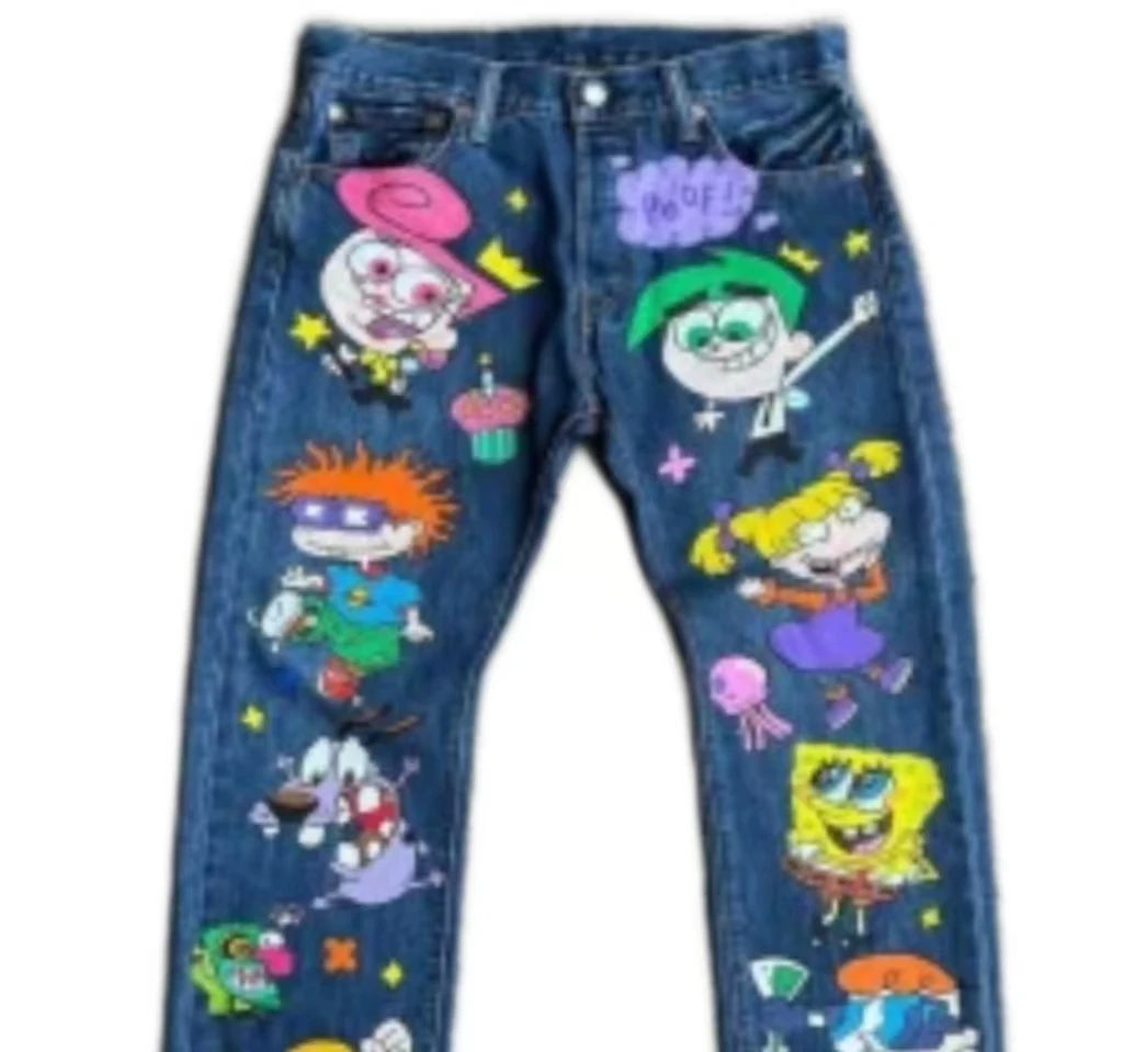 Y2k – jean droit taille haute pour hommes et femmes, motif de dessin animé rétro américain imprimé, mode décontracté, surdimensionné, jambes larges
