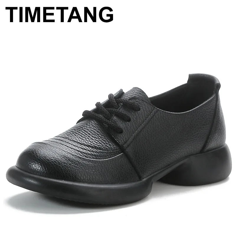 

2025 Spring Cow Leather Lace-up And Shallow Mouth Retro Anti-Slip Bean Shoes Med-Heel Women's Shoes Gray Black Brown