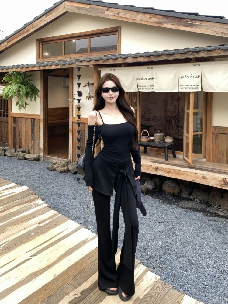 

Black fashionable American style camisole top+lace up micro flared slim fit pants women spring high-end and stylish set