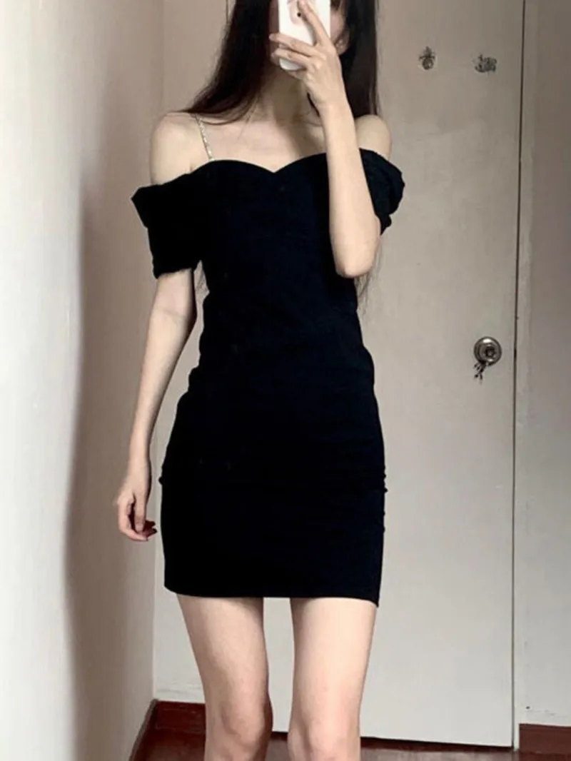 Black temperament goddess style one shoulder dress summer night sexy women's dress with suspender wearing super hot short 8J79