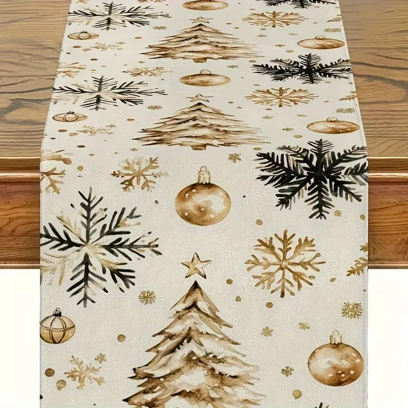 Gold Christmas Tree & Snowflake Table Runner | Elegant Holiday Table Decor | Perfect Gift for Home Decoration