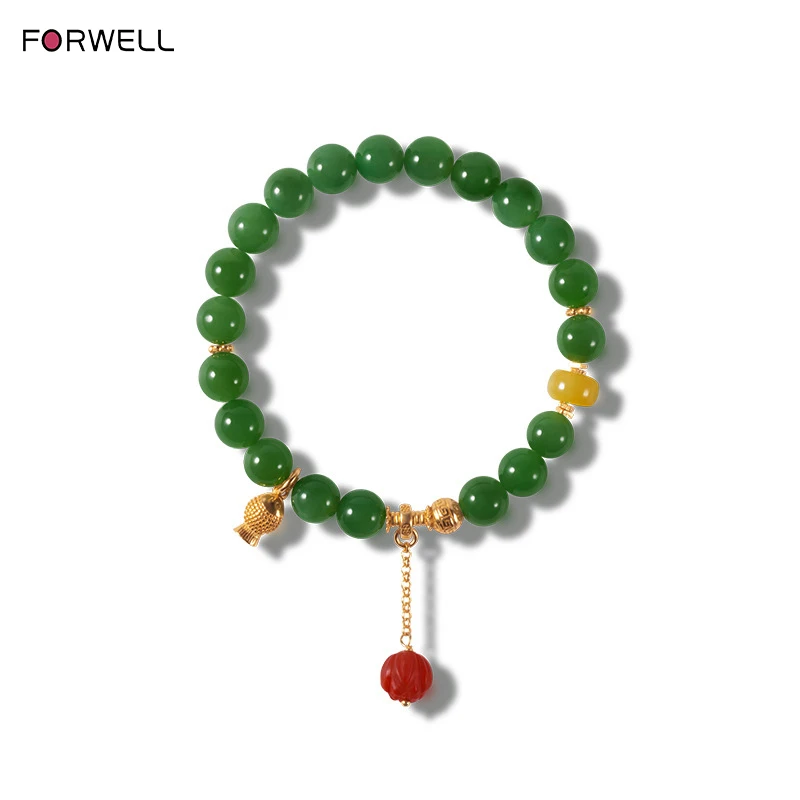 FORWELL Natural Hetian Jade Beaded Bracelet for Women Vintage Design Handmade Jewelry Elegant Gift Trendy Minimalist Style