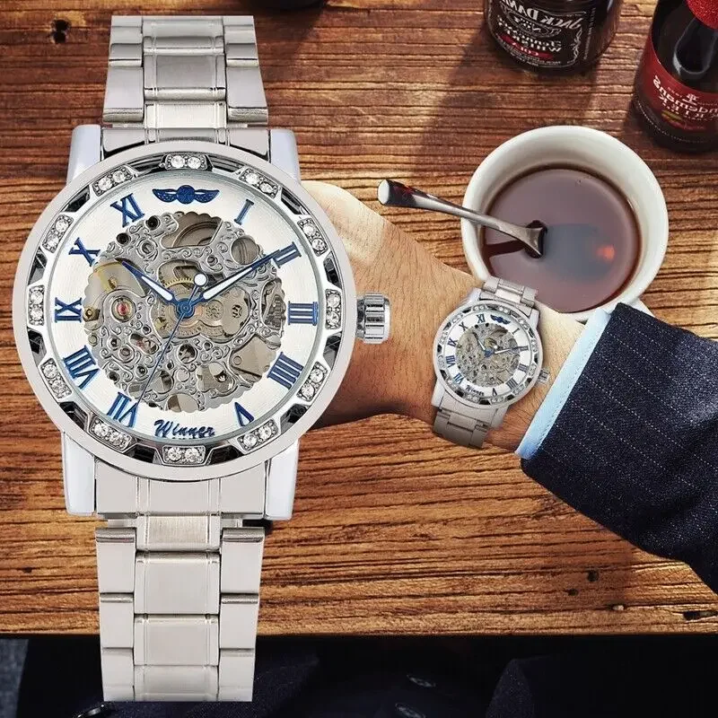 Luxury Brand New Style Transparent Diamond Mechanical Skeleton Watch Men's Luxury Stainless Steel Strap Hand Wind Watches