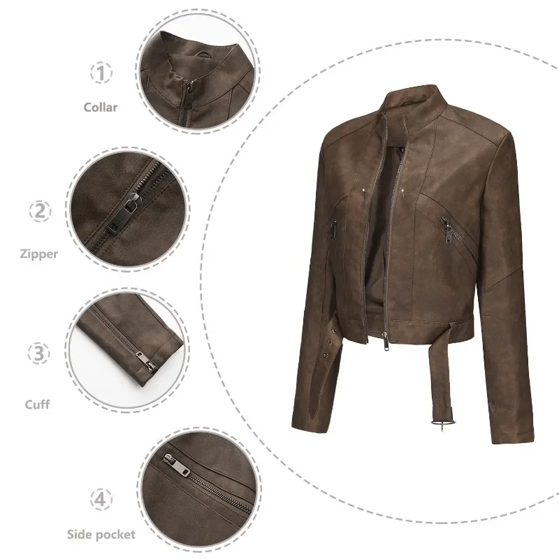 Blouson en cuir à manches longues pour femmes, veste style motard, avec ceinture audio et fermeture éclair, mode européenne et américaine, nouvelle collection printemps et automne