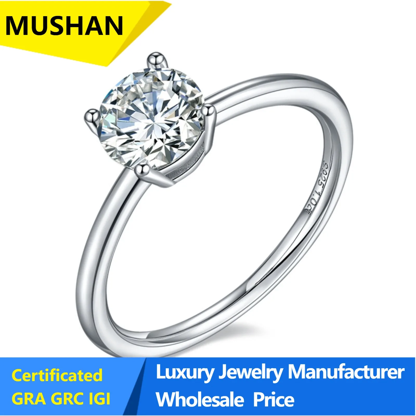 MUSHAN Luxury 925 Sterling Silver 18k White Gold Non-Fading Classic 1 Carat Diamond Ring IGI Cultivated Diamond Ring Women