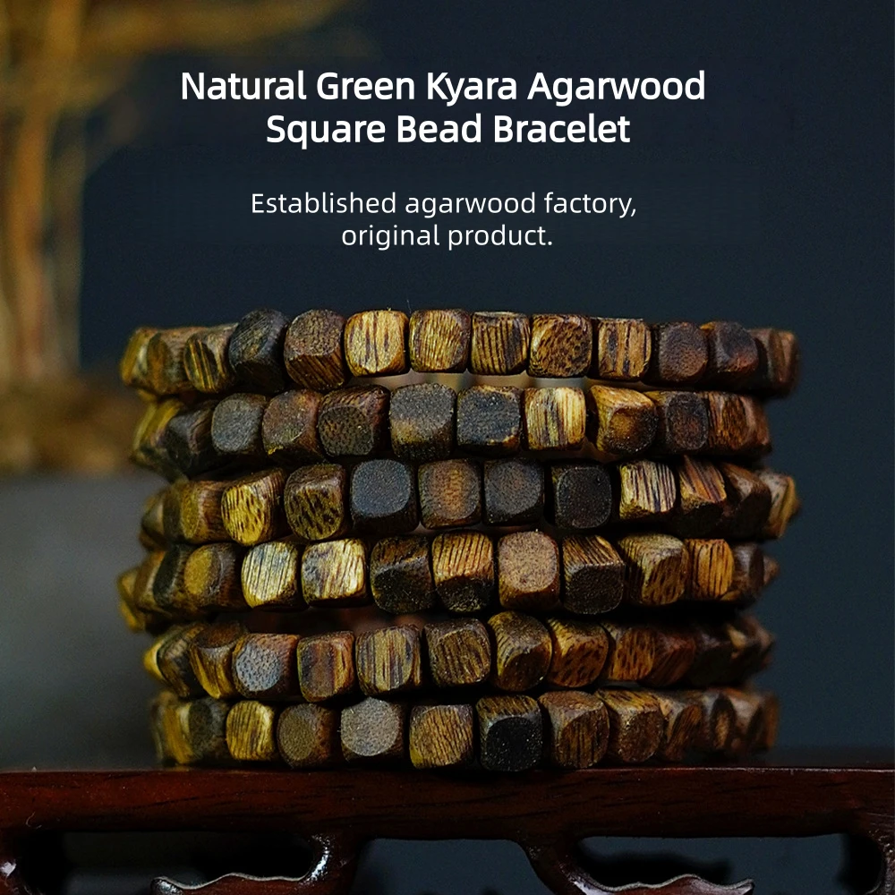 

Natural Green Kyara Agarwood Bracelet - Square Bead Style, Single - Strand Square Sugar Beads Bracelet, Unisex Agarwood Jewelry
