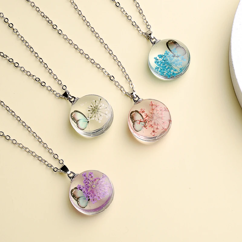 Fahion Glass Charm Real Dried Flower Pendant Necklace Transparent Butterfly Flower Pendant Necklace For Women Jewelry