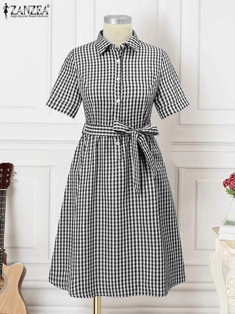 ZANZEA Women Plaid Checked Shirt Dress Fashion Office Commuting Sundress Casual Short Sleeve A-line Belted Dress Oversize Robes