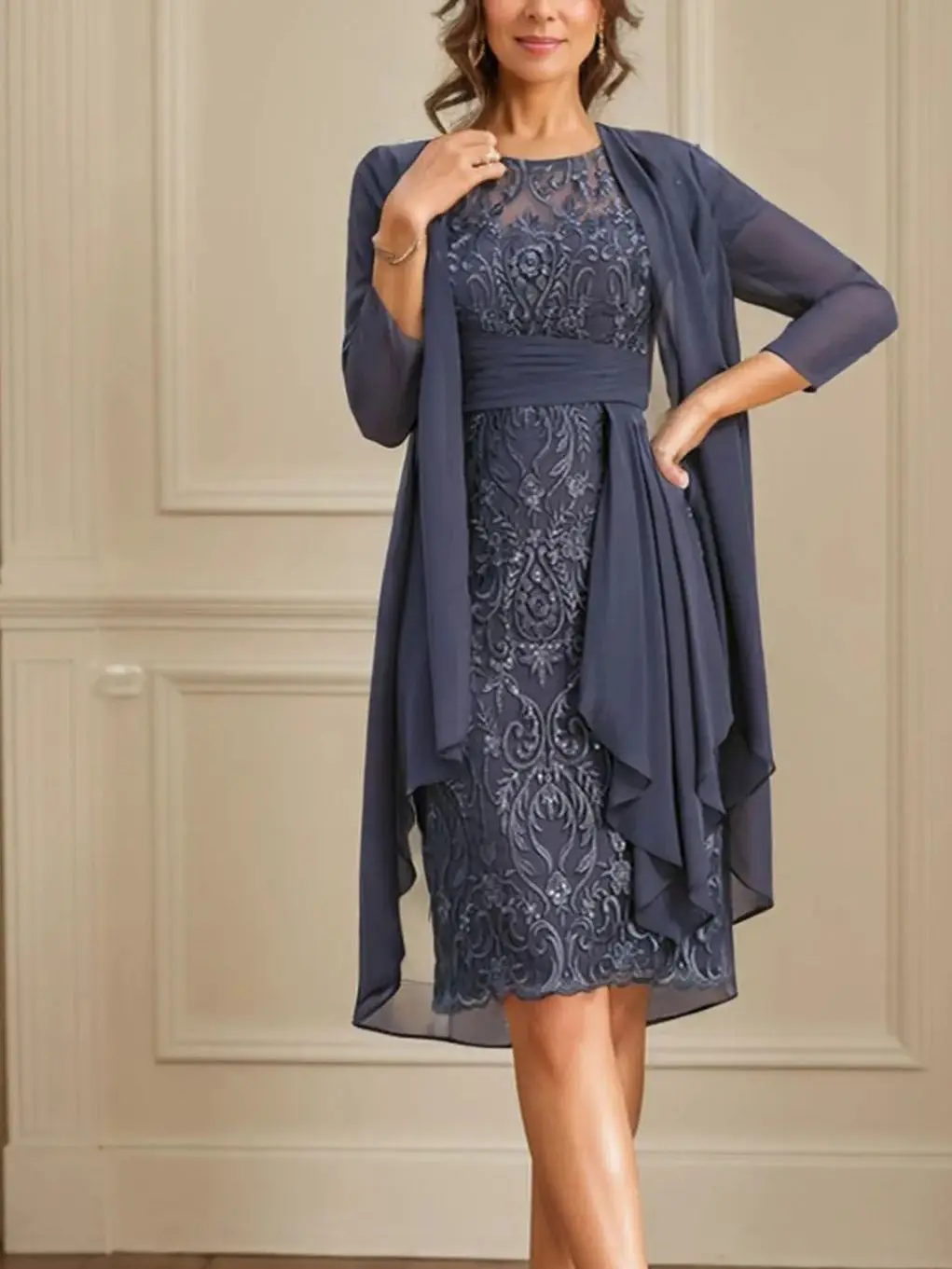 

Elegant Mother of the Bride Dress Chiffon Lace Sequins Knee-Length Illusion Neck Short Sleeve Evening Dress 2025 free customized