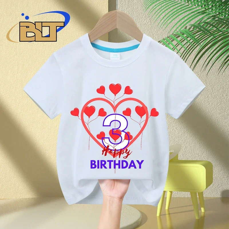 子供のためのサード誕生日パーティープリントTシャツ、子供の綿の半袖Tシャツ、男の子と女の子に適しています、夏