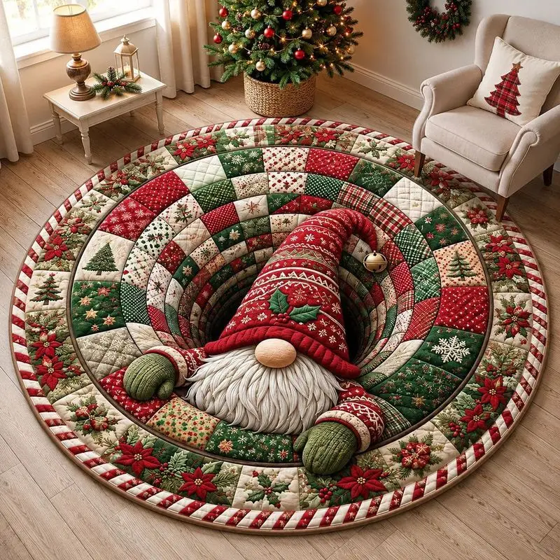 VIKAMA Christmas Reindeer 3D Optical Illusion Round Rug, Non-Slip Machine-Washable Living Room Decorative Rug, Holiday Decor