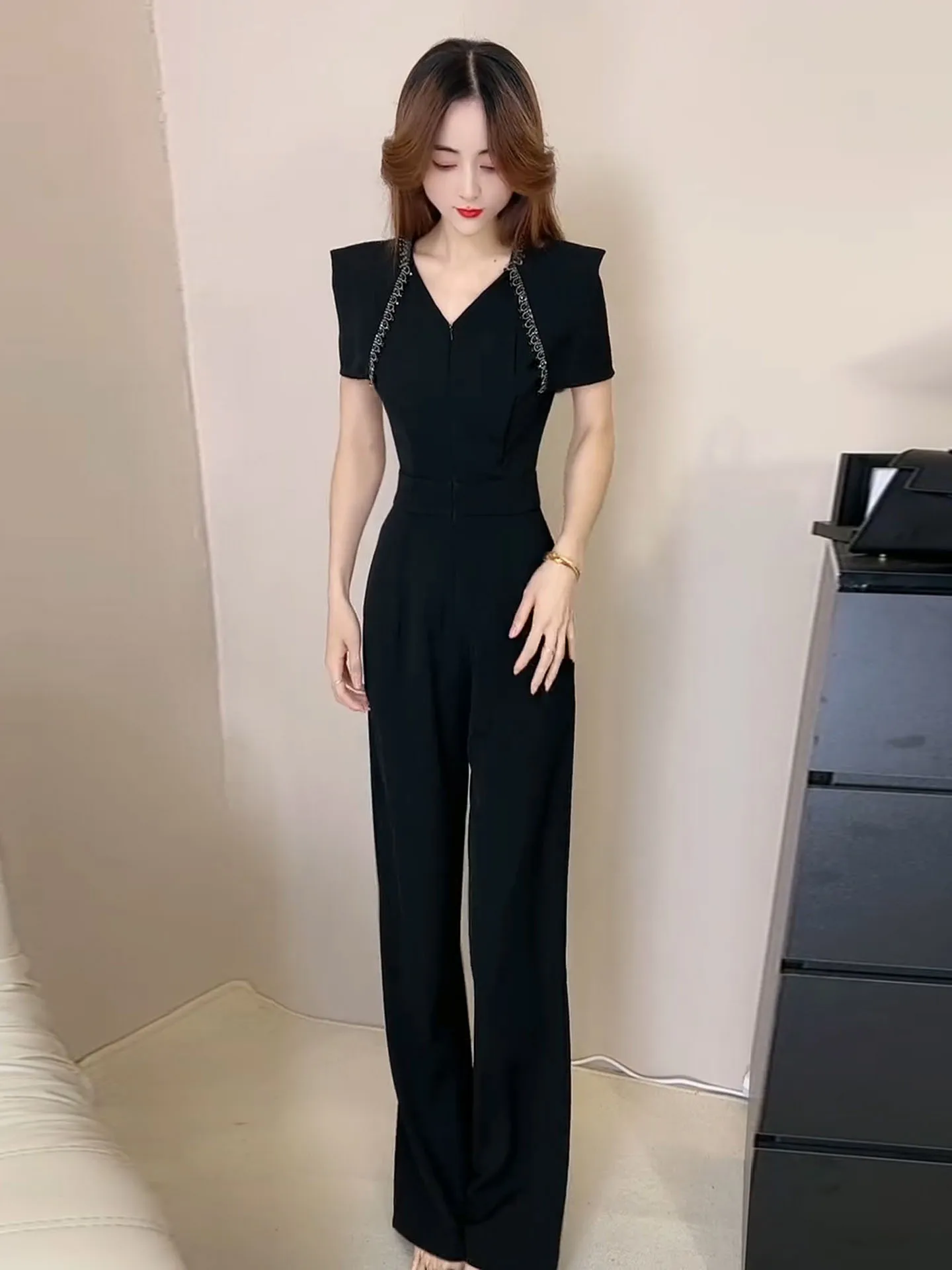 Ele Diamond Embedded V-Ne-Piece Pants High Waist Wide Leg Suit for Women Faionable Anti-Aging Summer High-End Fee...