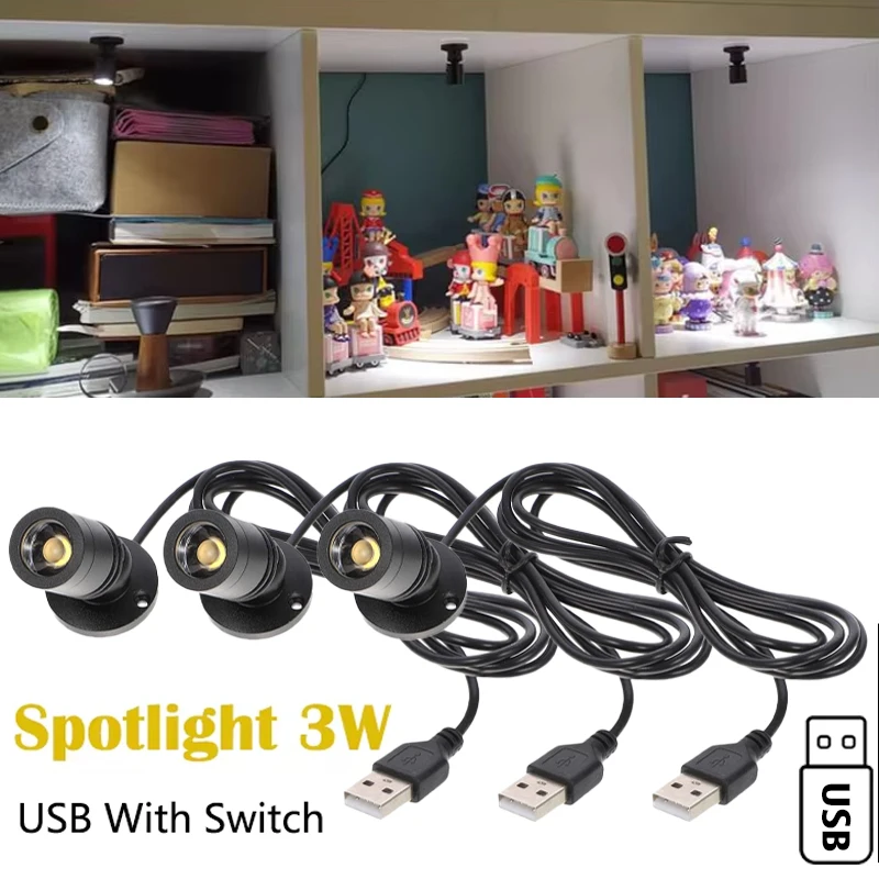 Spotlight USB 5V Led 3W Jewelry Cabinet Showcase Mini Spot Bench Lamp Ceiling Light Switch USB Interface Natural white Red Blue