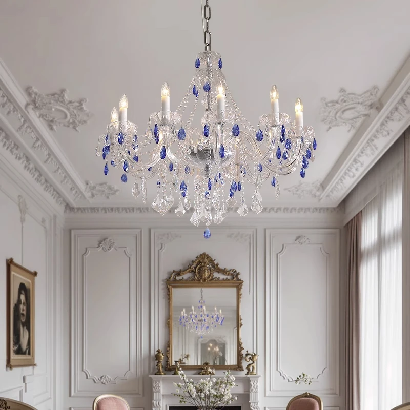 French Blue Romantic Crysatl Chandeliers Light Luxury Glass Living Room Art Decor Candle Pendant Lights Lighting Bedroom Lamps