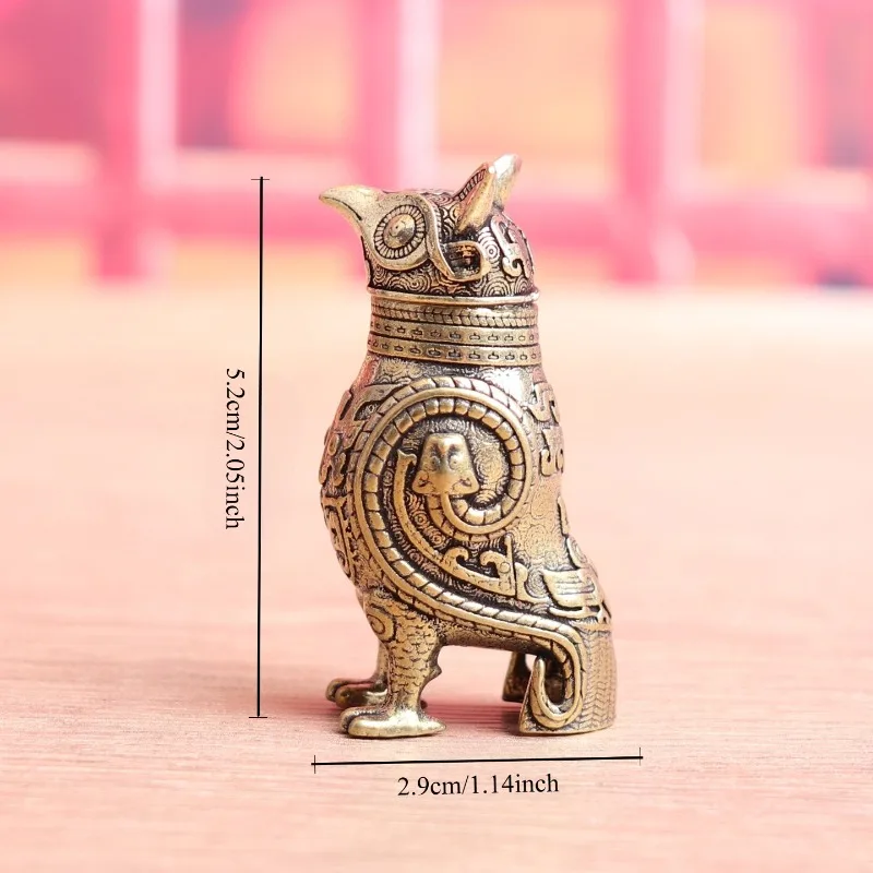 Vintage Brass Owl Zun Vessel Figurine Mini Ancient Bronze Replica Statue Oriental Desktop Ornament