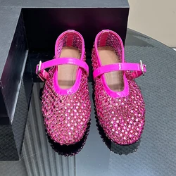 4.12 GuliChic Women Fashion Mesh Hollow Out Crystal Diamonds Decoration Ballet Flats Women All-Match Buckle Strap Flat Shoes