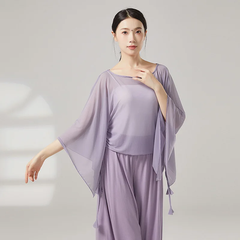 Classical Dance Top Women Large Batwing Short Sleeves Smock Drawstring Blouse Chinese Stage Saree Clothes Performance Costumes