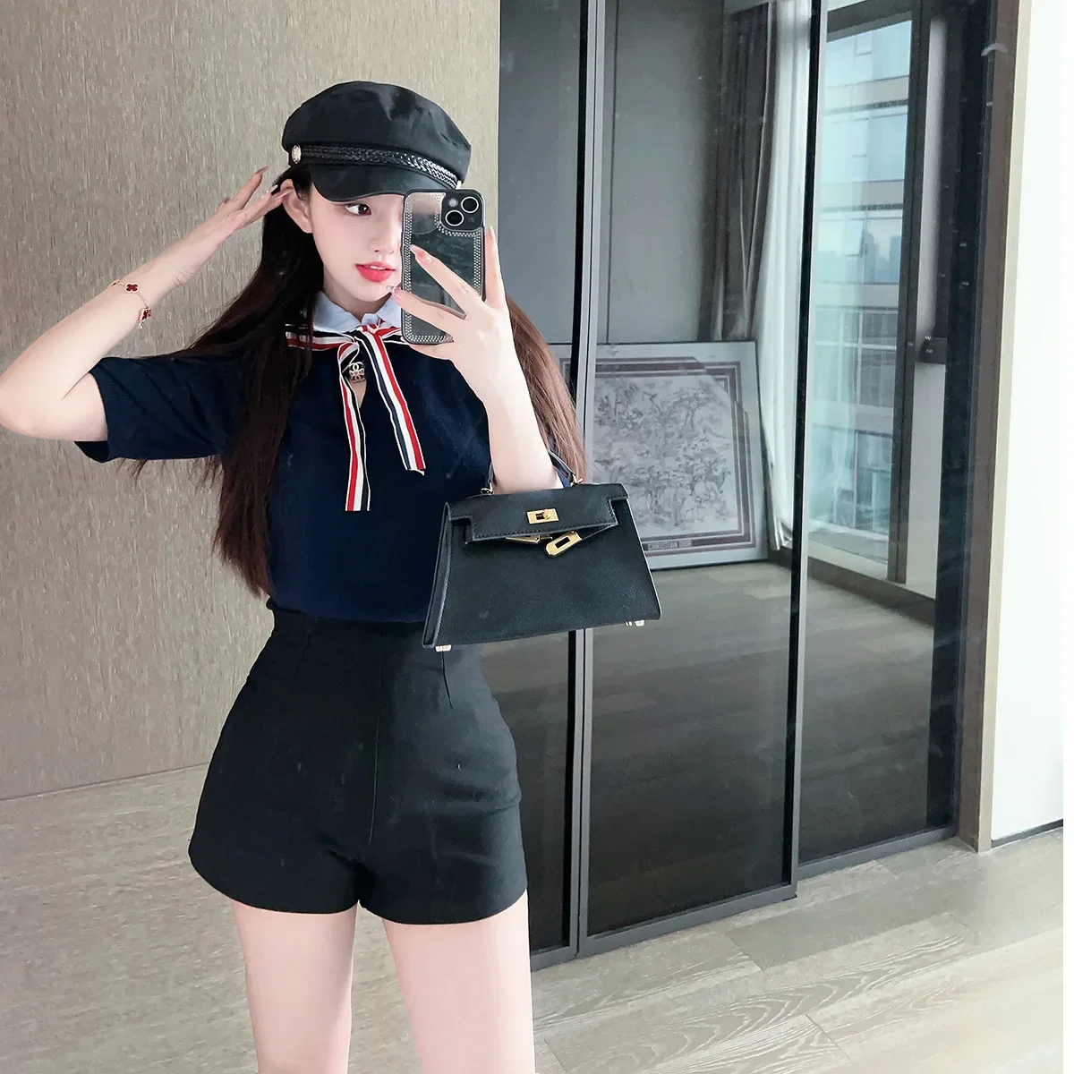 2024 Summer New TB College Style Niche Fake Two-piece Bow Lake-up Knitted Short-sleeve T-shirt Women's Elastic Short Tshirt Top