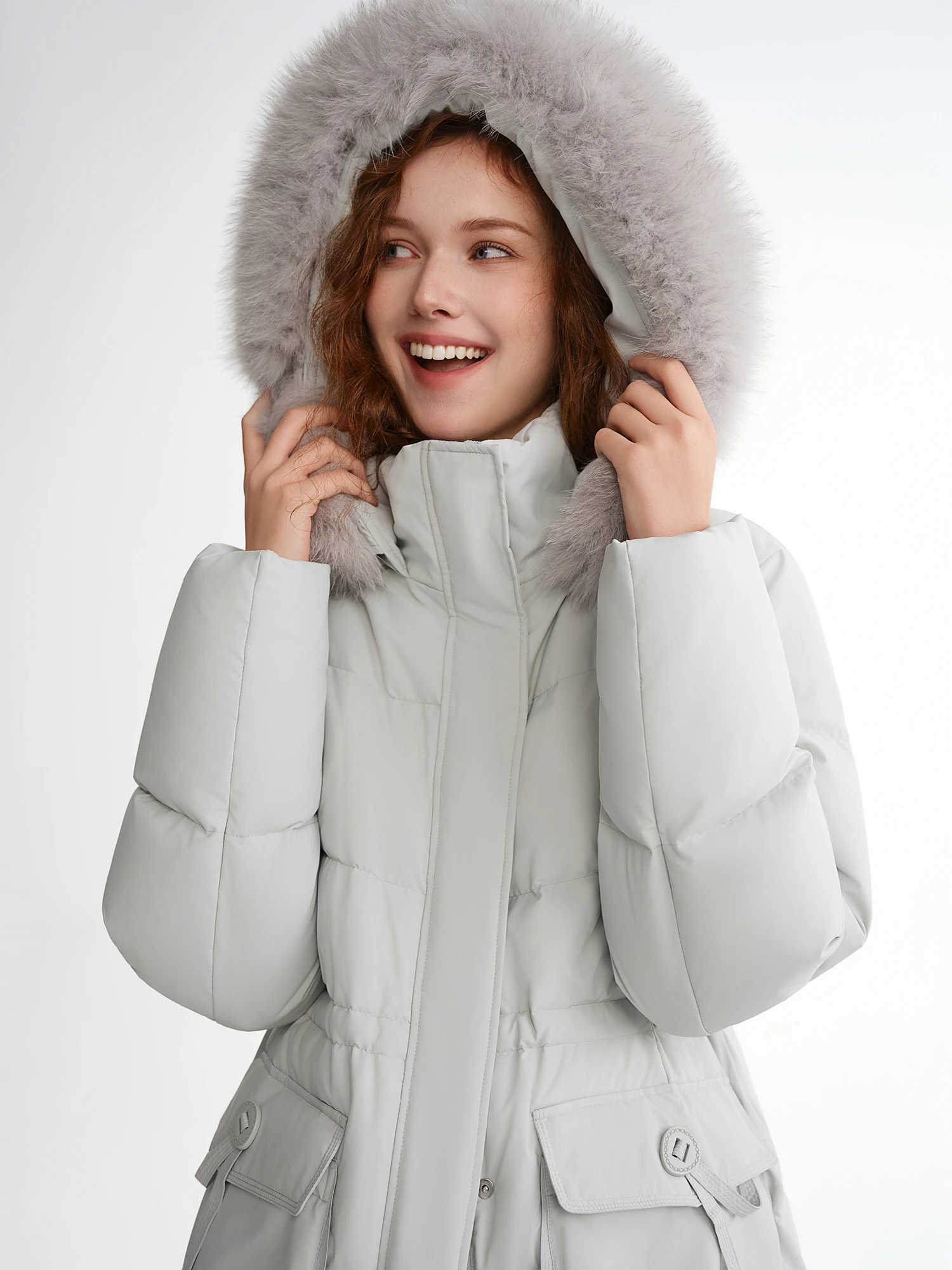 DUSHU الثعلب الفراء مقنعين سترة طويلة أسفل جديد الشتاء منتصف طول معطف الخصر محددة بسيطة فضفاضة تناسب الترفيه اليومية الدافئة كل مباراة Ins