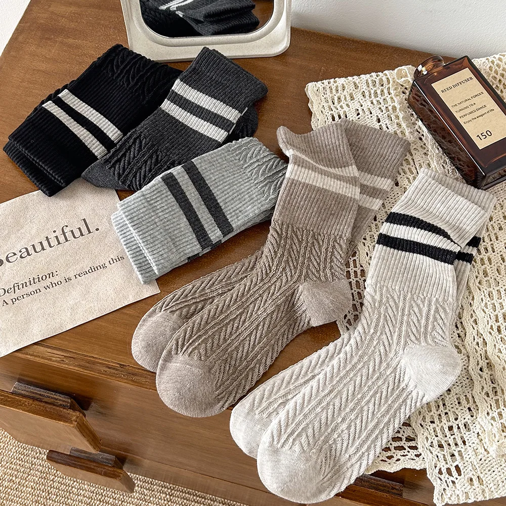 

2 пары женских хлопковых носков средней длины, прямые носки в японском стиле в стиле ретро, однотонные полосатые спортивные носки
